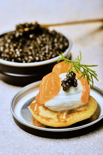 BLINIS WITH CRÈME FRAICHE, SMOKED SALMON, AND CELESTE CAVIAR