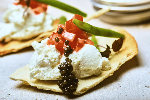 PANE CARASAU WITH RICOTTA, TOMATO AND CELESTE CAVIAR